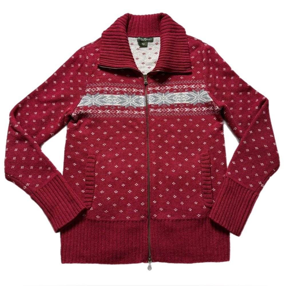 Eddie Bauer Wool Blend Red Fair Isle Full Zip Cardigan Thick Knit S Christmas